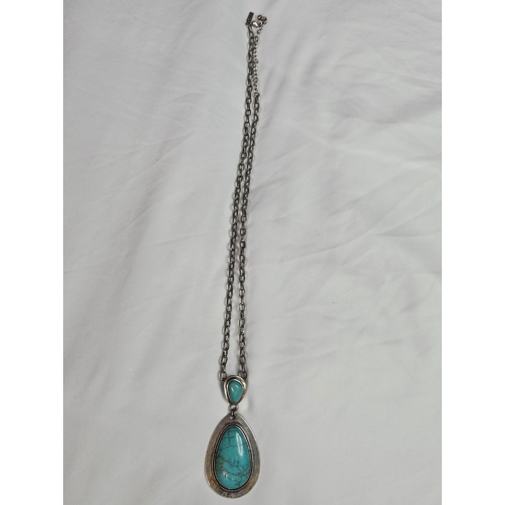 Shyanne Womens Faux Turquoise Double Teardrop Pendant Necklace Silver Tone 24in